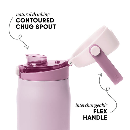 Light pink water bottle with flex handle, mauve lid mechanism and spout closure, soft pastel color palette, product photography on neutral background