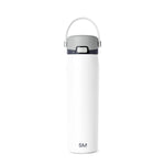 White water bottle with soft gray lid and carrying handle on light gray background