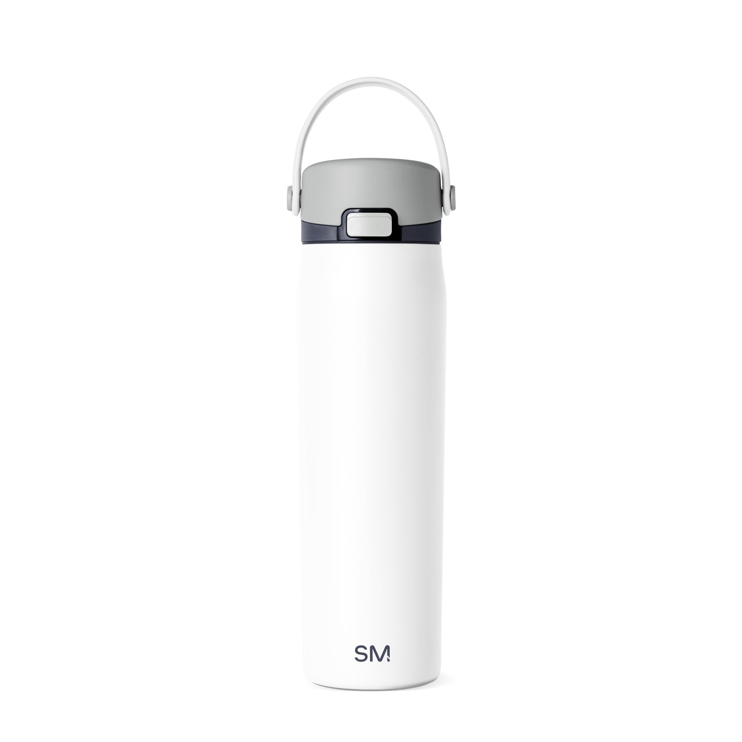 White water bottle with soft gray lid and carrying handle on light gray background