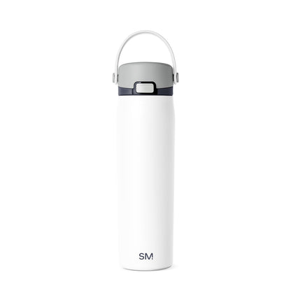 White water bottle with soft gray lid and carrying handle on light gray background