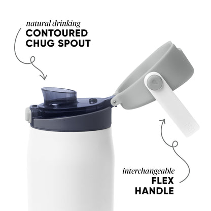 White insulated drinkware with dark navy blue lid and spout mechanism against a cool gray background.