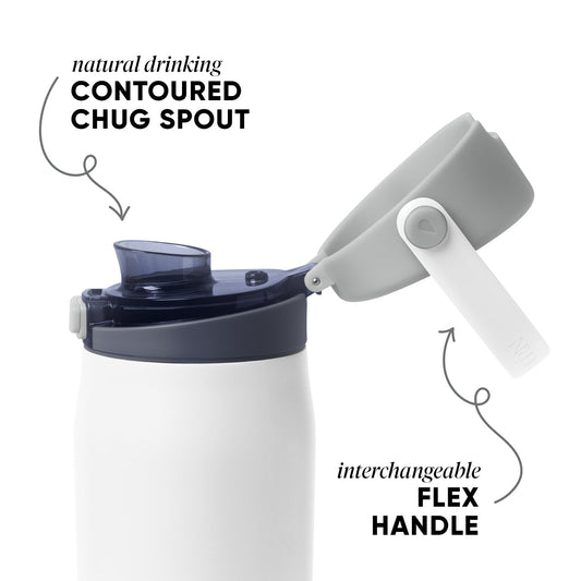 White insulated drinkware with dark navy blue lid and spout mechanism against a cool gray background.
