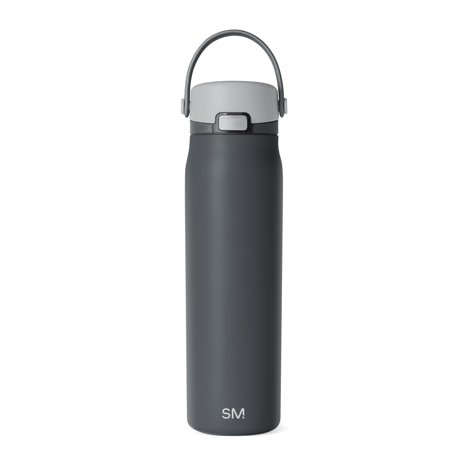 Charcoal gray modern water bottle with lighter gray lid and handle on neutral background