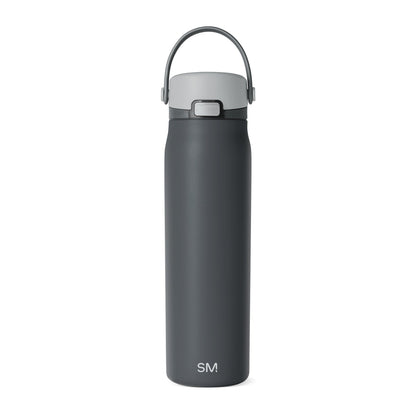 Charcoal gray modern water bottle with lighter gray lid and handle on neutral background