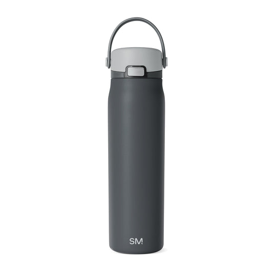 Charcoal gray modern water bottle with lighter gray lid and handle on neutral background