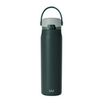 Deep forest green cylindrical water bottle with light sage gray top and cap, SM Summit brand design for hydration and outdoor use.
