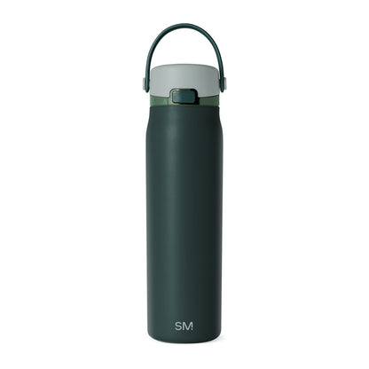 Deep forest green cylindrical water bottle with light sage gray top and cap, SM Summit brand design for hydration and outdoor use.