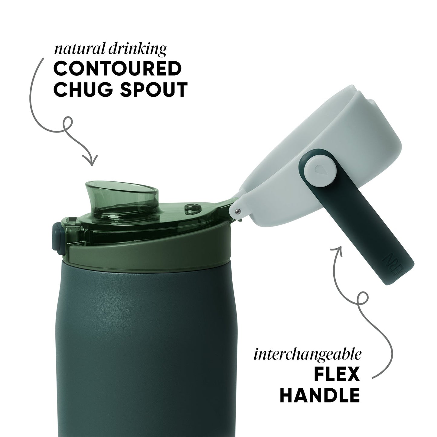 Sage green tumbler with darker forest green lid and spout mechanism on muted earthy background