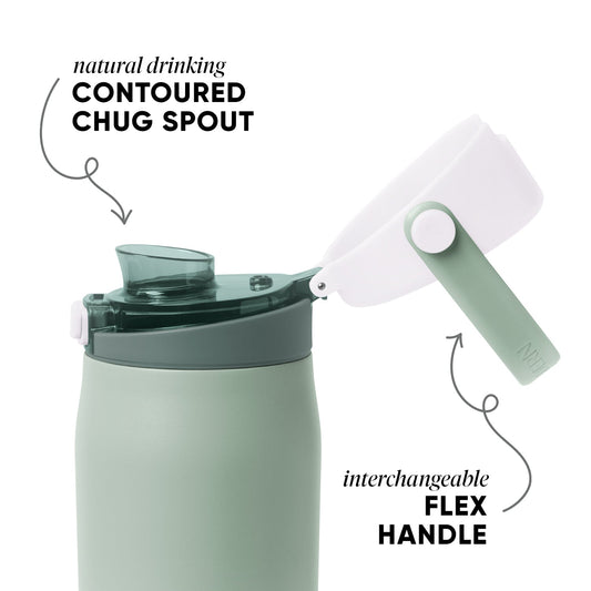 Light mint green drinkware with forest green lid and spout, set against sage green and pale mint background