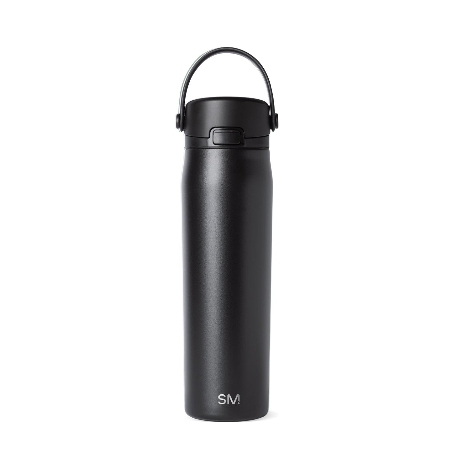 Sleek black matte water bottle with gray undertones on a clean background