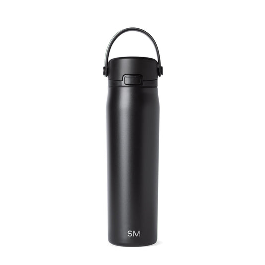 Sleek black matte water bottle with gray undertones on a clean background