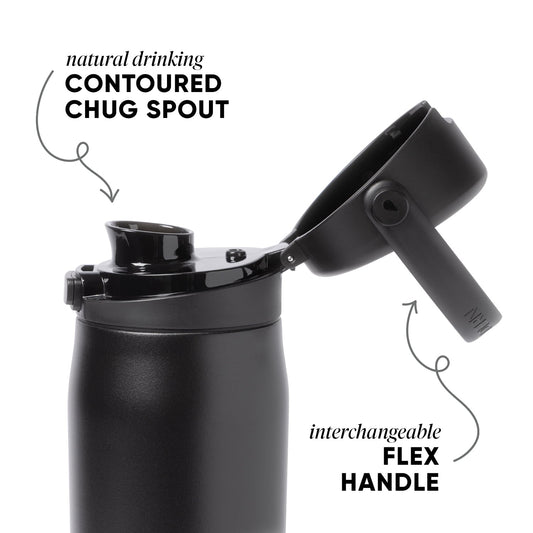Black matte and glossy skincare bottle with charcoal handle and dark gray accents, product packaging displayed against dark background