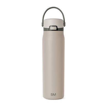 Beige insulated water bottle with charcoal gray and dark sage green hardware accents
