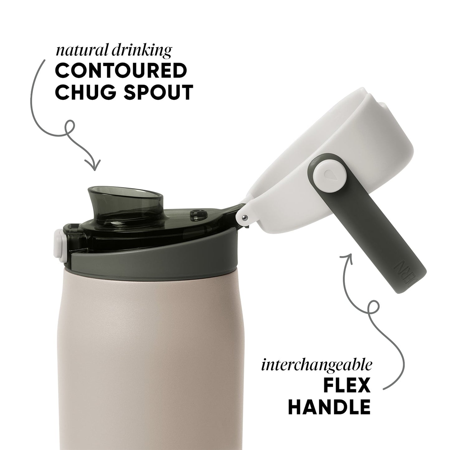 Beige and cream ceramic drinkware with charcoal gray lid and spout mechanism, product technical view