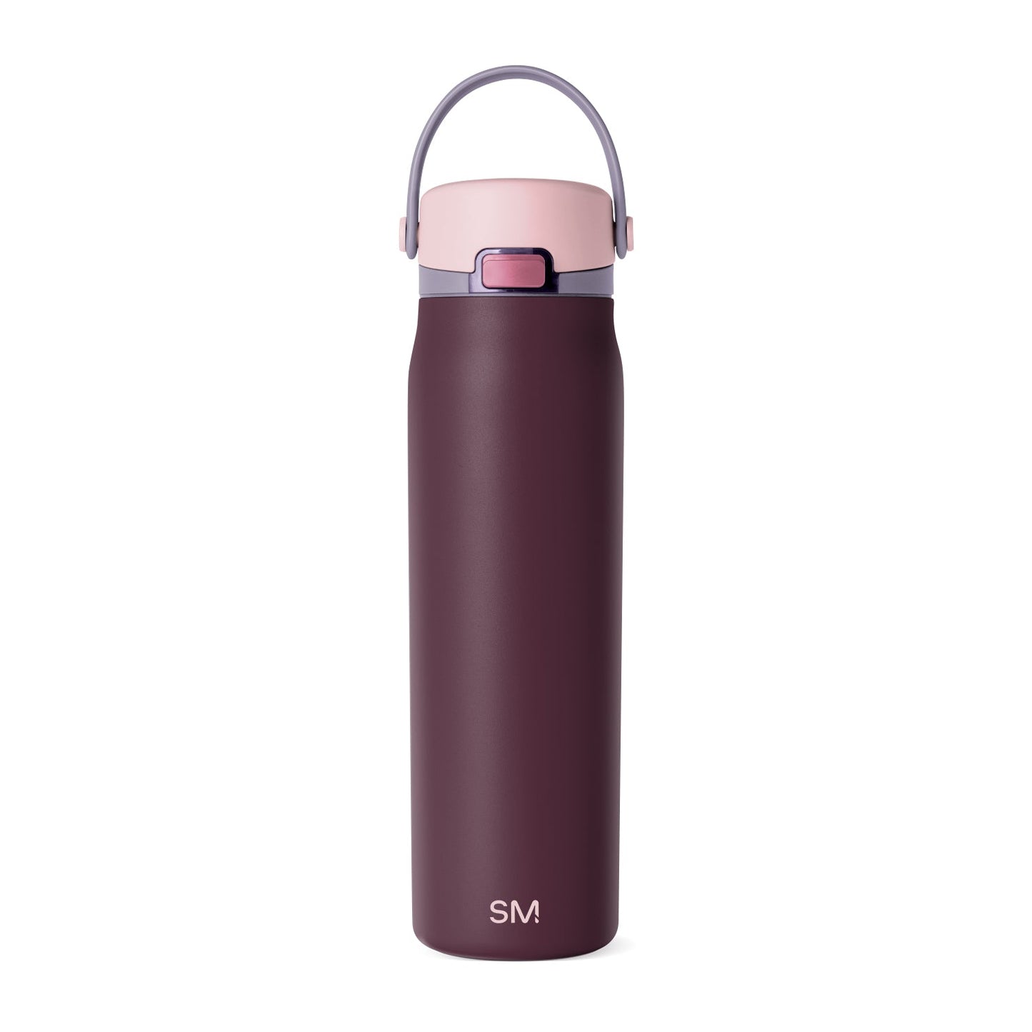 Insulated water bottle with deep burgundy cylindrical body and dusty pink top section in two-tone color blocking design.