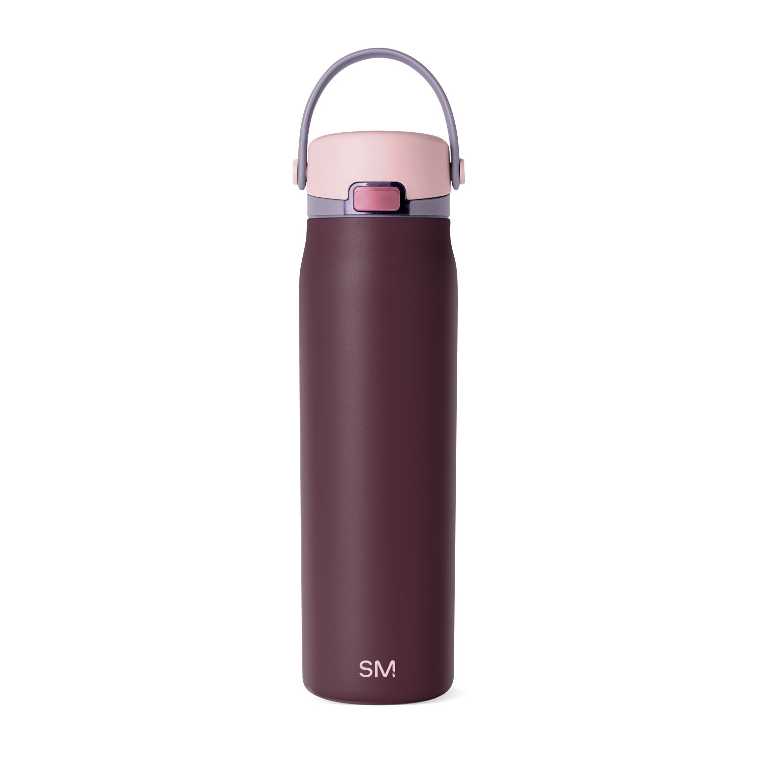 Insulated water bottle with deep burgundy cylindrical body and dusty pink top section in two-tone color blocking design.