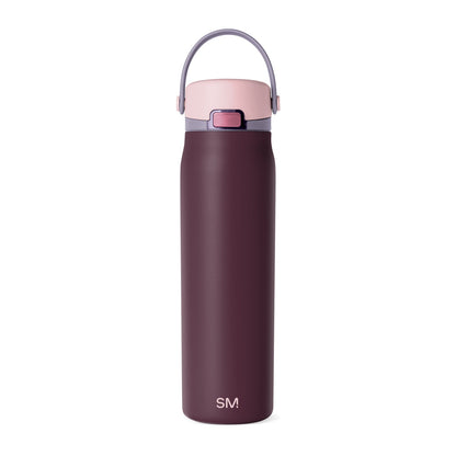 Insulated water bottle with deep burgundy cylindrical body and dusty pink top section in two-tone color blocking design.