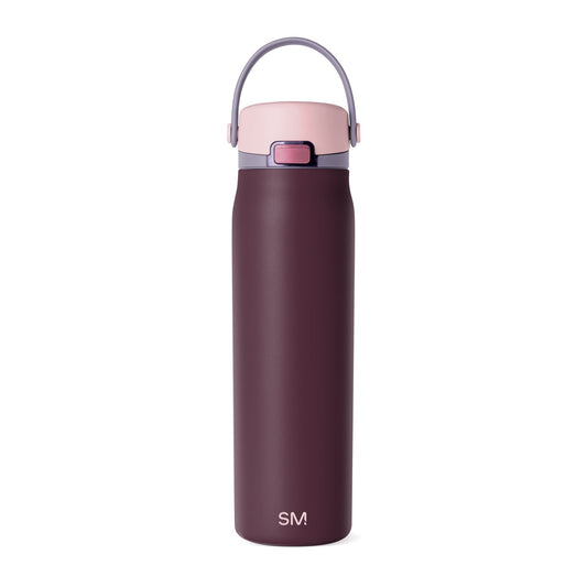 Insulated water bottle with deep burgundy cylindrical body and dusty pink top section in two-tone color blocking design.