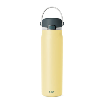 Pale yellow insulated water bottle with dark charcoal top and cylindrical shape, displayed against a neutral background for product view.