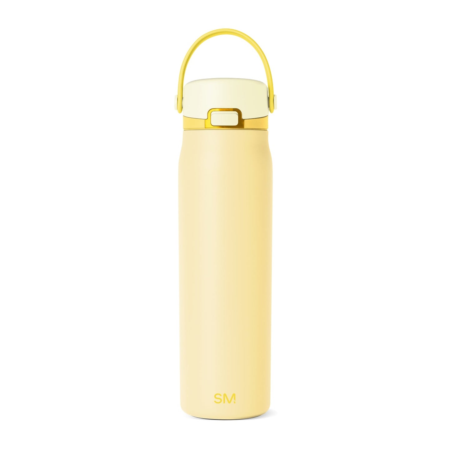 Soft pale yellow water bottle with bright yellow-gold carrying handle and band detail