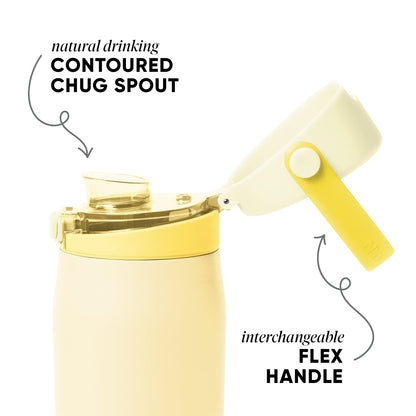 Pale yellow ceramic mug with cream accents and bright metal spout assembly, viewed against a soft neutral background.