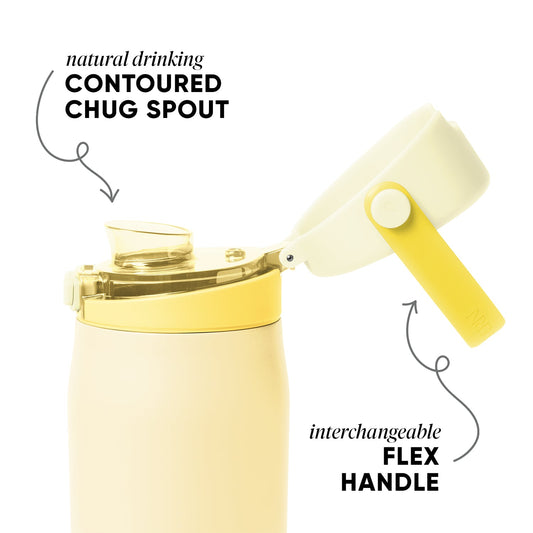 Pale yellow ceramic mug with cream accents and bright metal spout assembly, viewed against a soft neutral background.