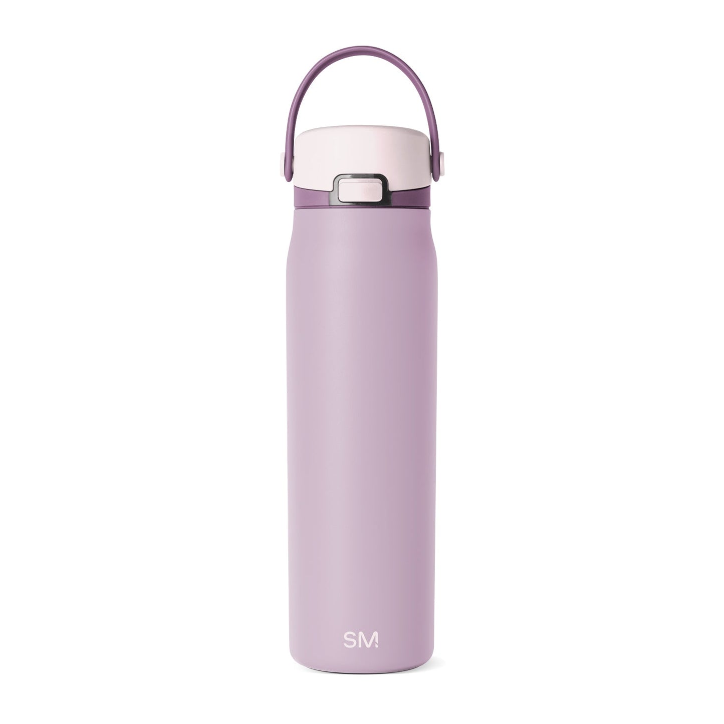 Tall insulated water bottle in soft lavender-mauve color with SM brand logo in white text, cylindrical shape with tapered design