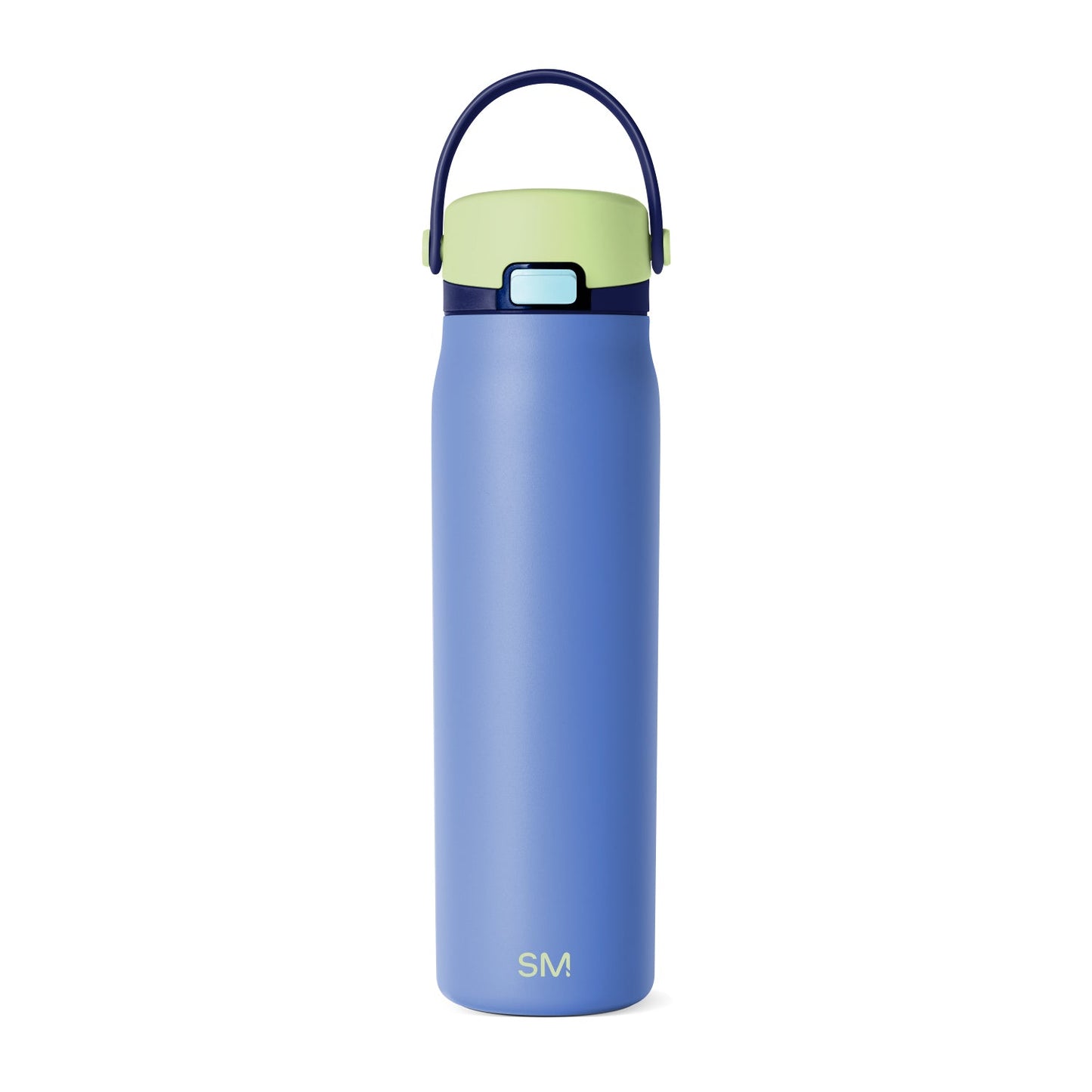Periwinkle blue water bottle with sage green lid and dark navy blue band around the middle section