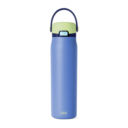 Periwinkle blue water bottle with sage green lid and dark navy blue band around the middle section