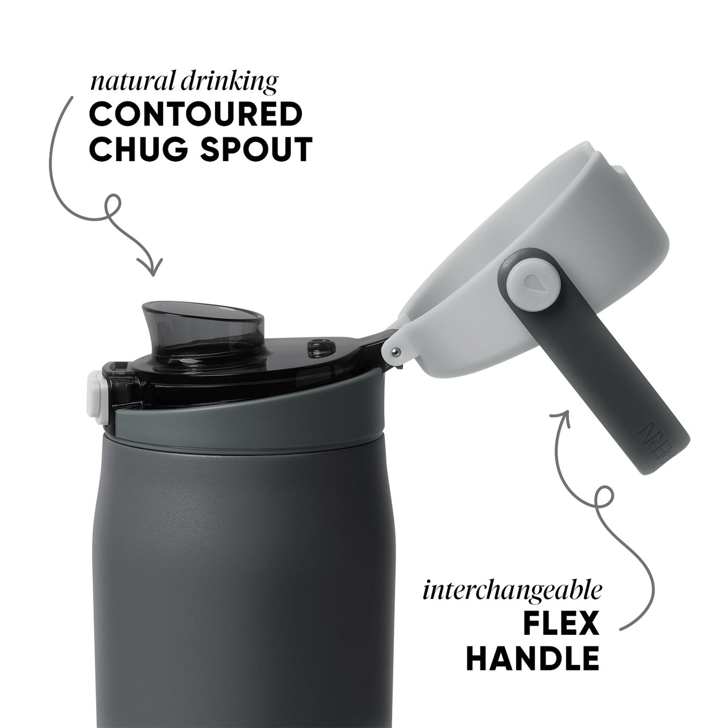 Charcoal gray insulated drinkware with black spout and lid, featuring a flexible handle and integrated lid design.