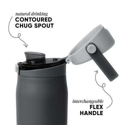 Charcoal gray insulated drinkware with black spout and lid, featuring a flexible handle and integrated lid design.