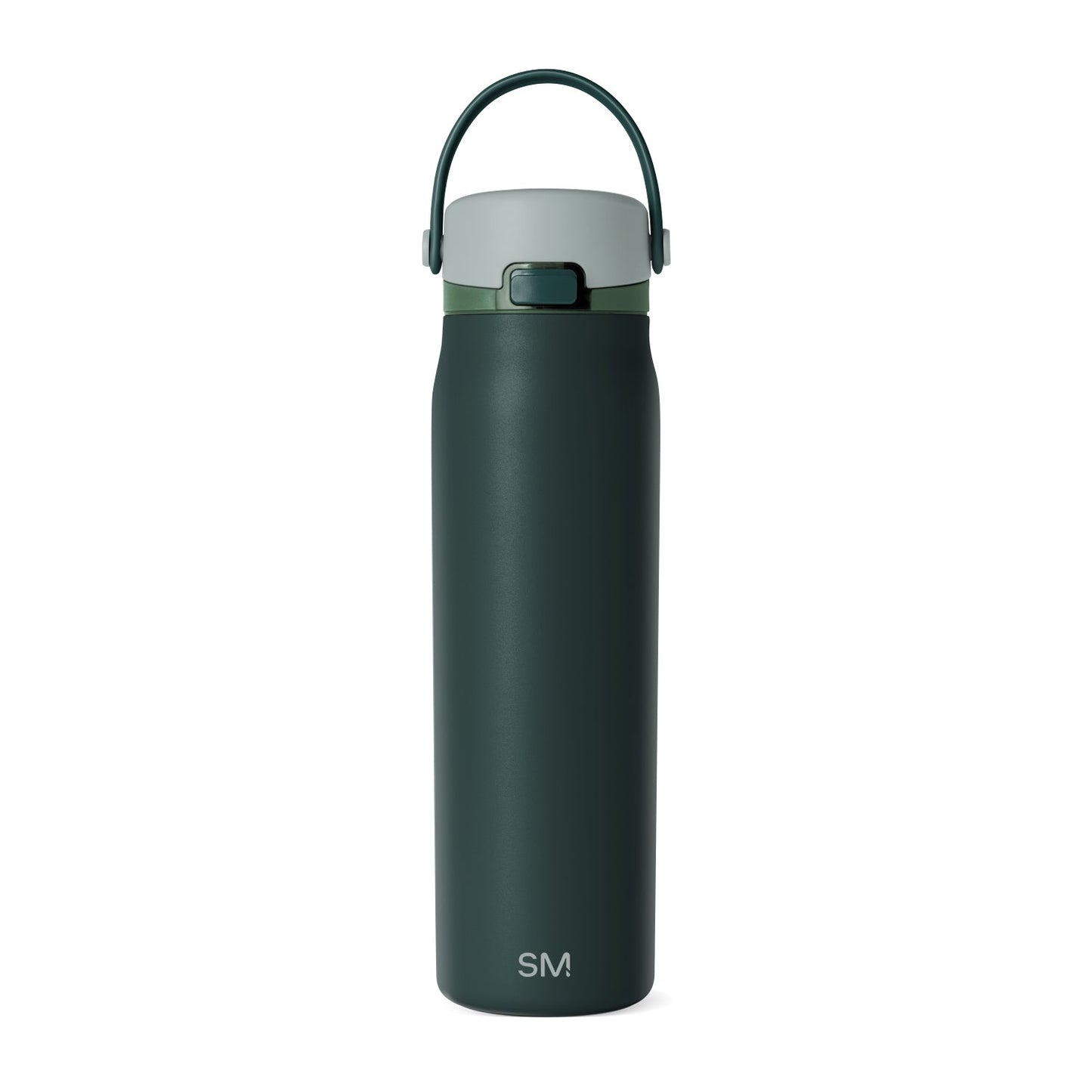 Forest green water bottle with sage green mid-section band and pale gray-green top