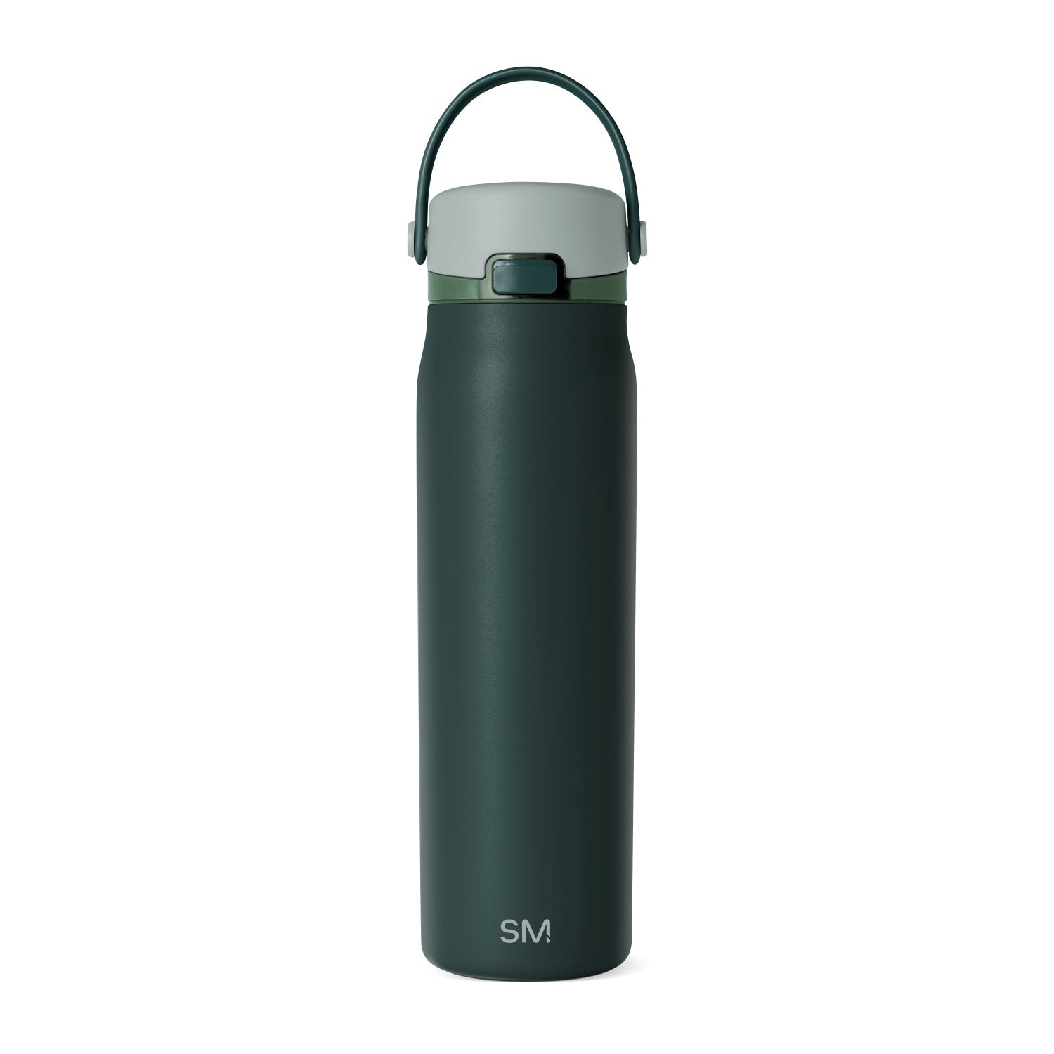 Forest green water bottle with sage green mid-section band and pale gray-green top