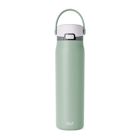 Sage green bottle with white cap, handle, and trim bands