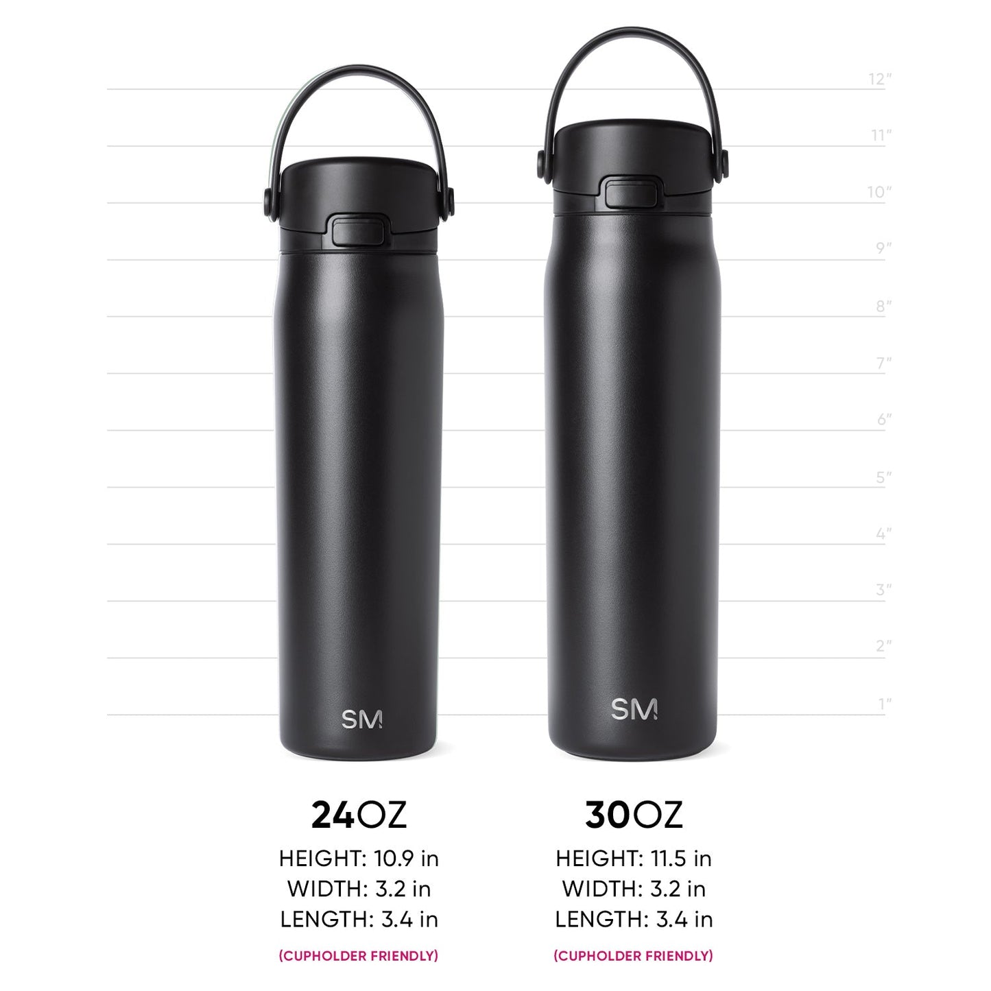 Two matte black water bottles displayed side by side against a white background, shown with measurement reference for size comparison.