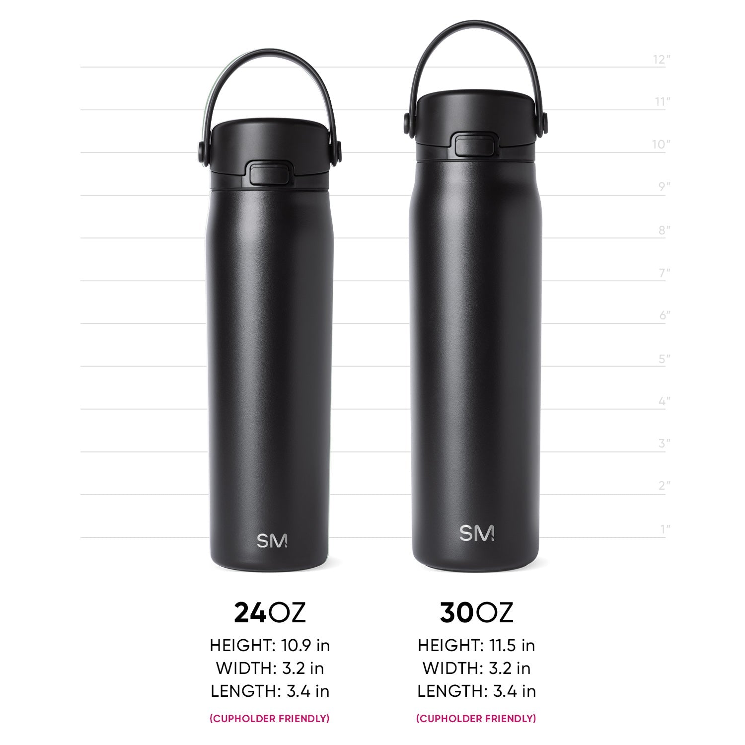 Two matte black water bottles displayed side by side against a white background, shown with measurement reference for size comparison.