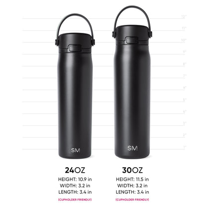 Two matte black water bottles displayed side by side against a white background, shown with measurement reference for size comparison.
