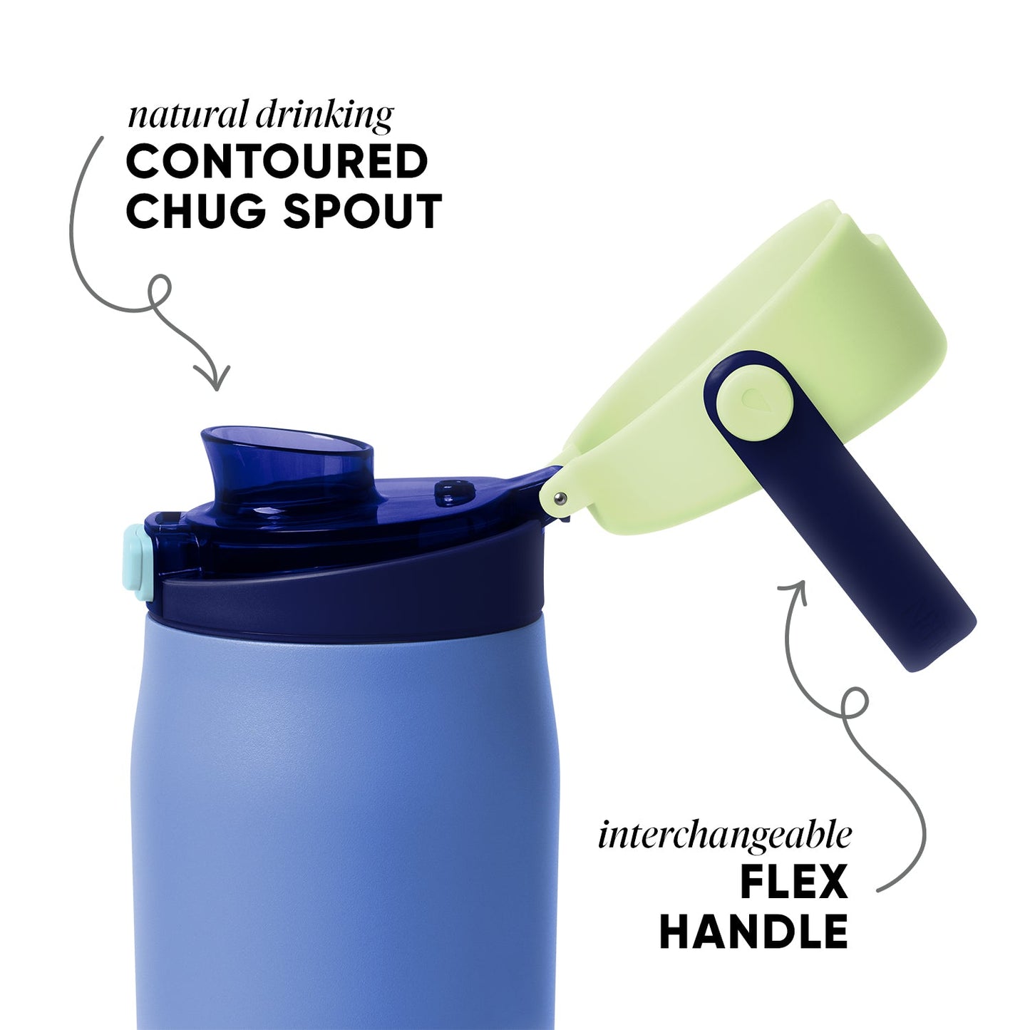 Periwinkle blue drinkware vessel with navy blue lid and handle, mint green accents