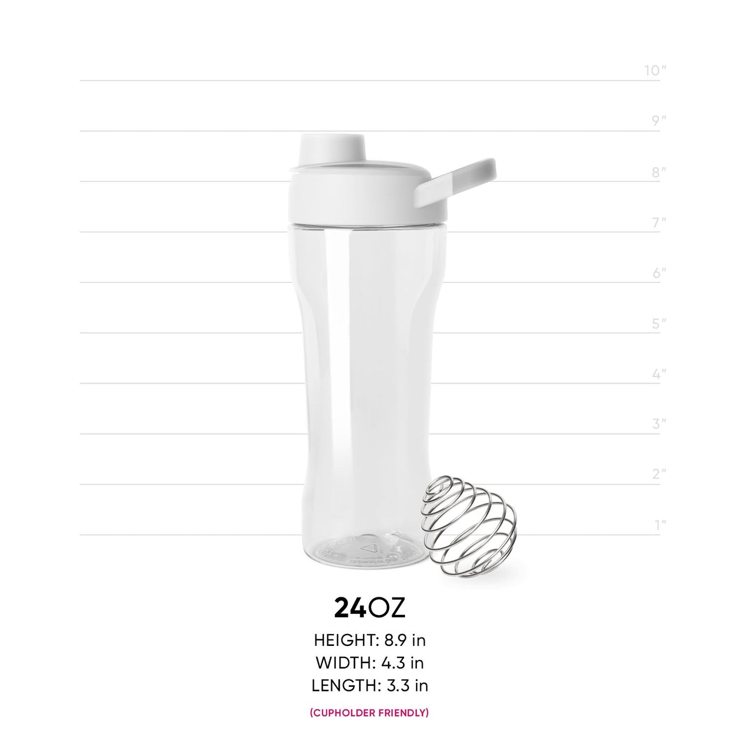 White plastic shaker bottle with clear transparent cylindrical body and steel gray metal mixing ball inside