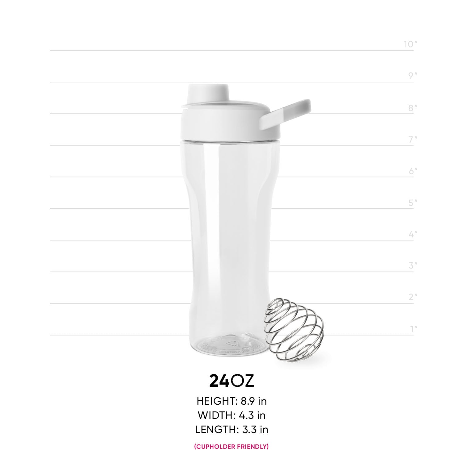 White plastic shaker bottle with clear transparent cylindrical body and steel gray metal mixing ball inside