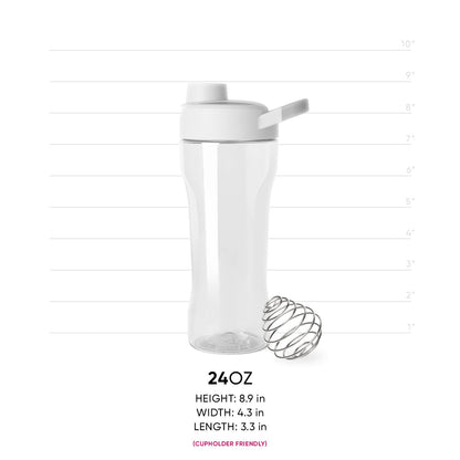 White plastic shaker bottle with clear transparent cylindrical body and steel gray metal mixing ball inside