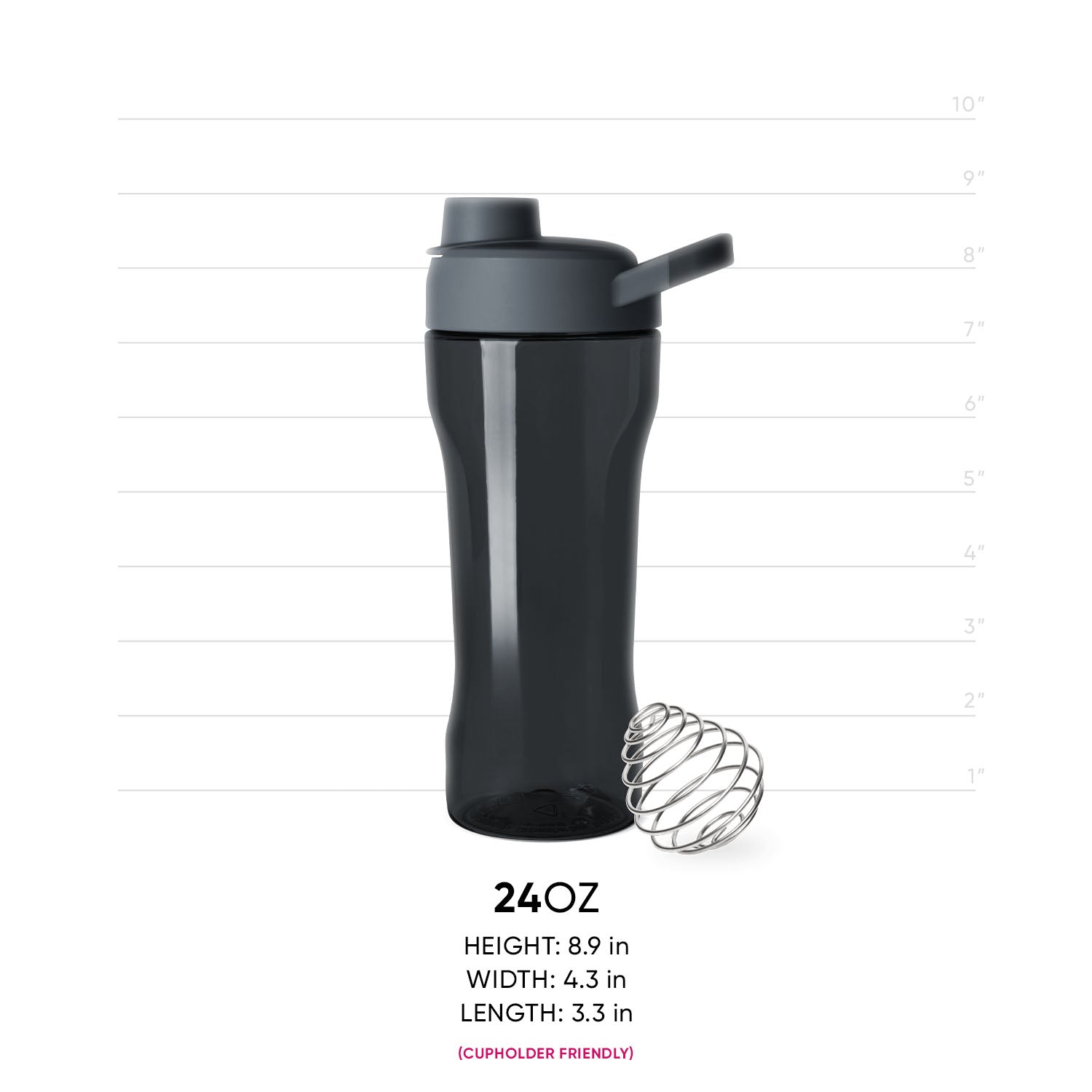 Black bottle with dark gray cap and stainless steel shaker ball on white background