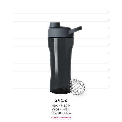 Black bottle with dark gray cap and stainless steel shaker ball on white background