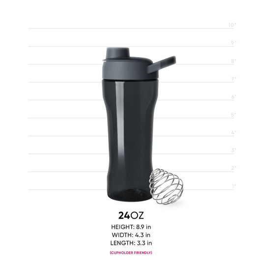 Black bottle with dark gray cap and stainless steel shaker ball on white background