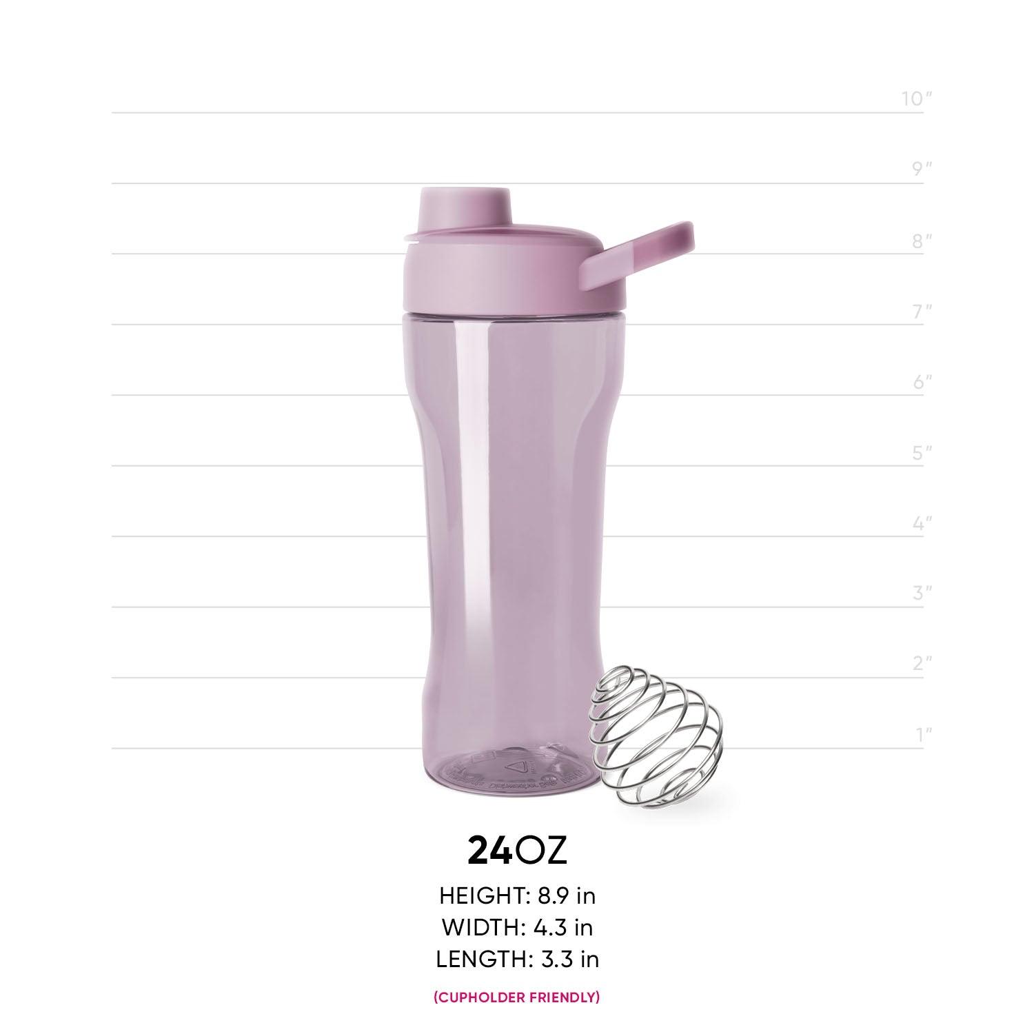 Semi-transparent mauve shaker bottle with dusty rose accents and visible interior, featuring a secure lid and measurement markings for mixing drinks or supplements.