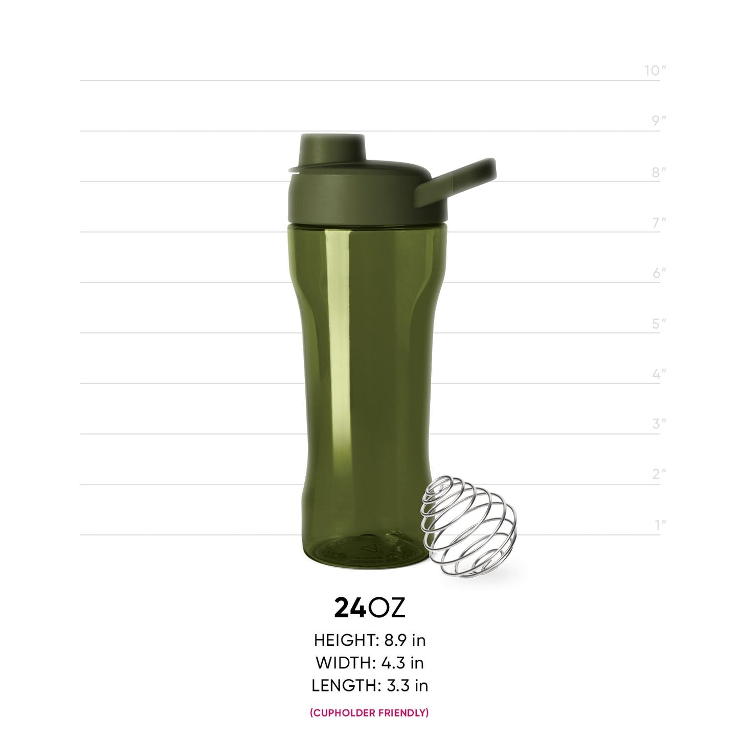 Sage green semi-translucent bottle with darker forest green cap and spout assembly