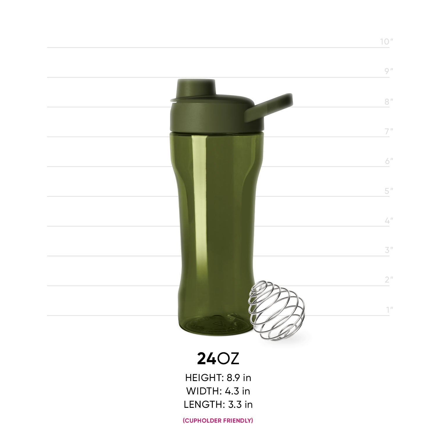 Sage green semi-translucent bottle with darker forest green cap and spout assembly