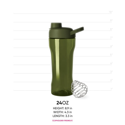 Sage green semi-translucent bottle with darker forest green cap and spout assembly
