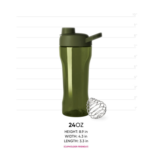 Sage green semi-translucent bottle with darker forest green cap and spout assembly