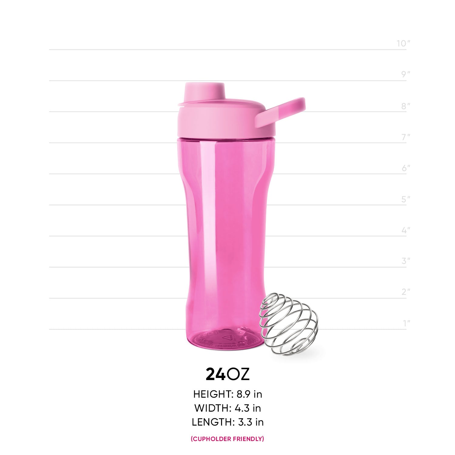 Bright pink translucent shaker bottle with magenta-colored cap and push-button top for mixing drinks or supplements.